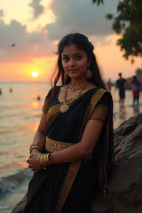 late evening scenario, photoshoot, beautiful 20 yo Tamil girl (shy smirk:1.4), facing the camera, in a black designer saree, golden half sleeve blouse, petticoat, leaning against a rock in the seashore, glowing flawless skin, holding saree mundhanai on her...