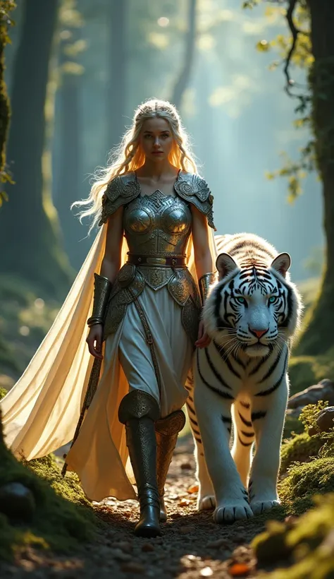 "Create an ultra-realistic 8K image of Lisa Virtea, a confident blonde woman in her 20s, portrayed as a celestial Viking princess-warrior. She walks through an enchanting medieval Swiss forest, her aura radiant. Lisa wears intricately detailed armor in shi...