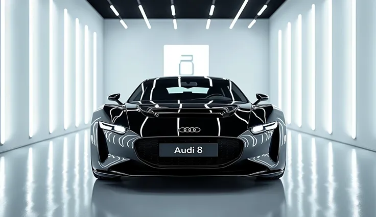 A photo of a black 2025 maserati mc 20.  parked in the middle of a bright, modern gallery with smooth, reflective floors. The car is displayed from the front but logo on it should be Audi. the tube lights light are reflecting on the car and makings line on...