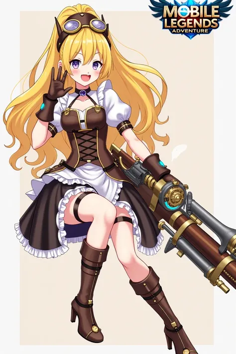  The character in the image is a girl with a steampunk style with a lively air and Alegre . Next,  is described in detail :

1. hair:  He has very long hair ,  of a bright blonde color ,  combed in a high ponytail that falls to the height of her legs ,  wi...