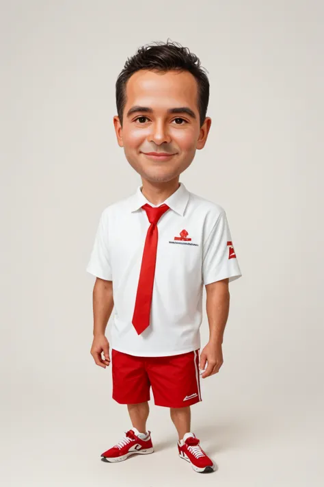 (realistic:1.4),an indonesian boy wearing a white shirt tucked into red shorts, black neat short hair, wearing a red tie, black ...