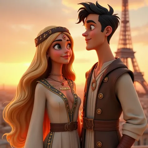 Arab girl with long blonde hair wearing an Arabian dress that says NAWAL on her chest and a tall elegant boy who says EDY on her chest and that they are next to the Ifel tower with the sunset in the background in 3d