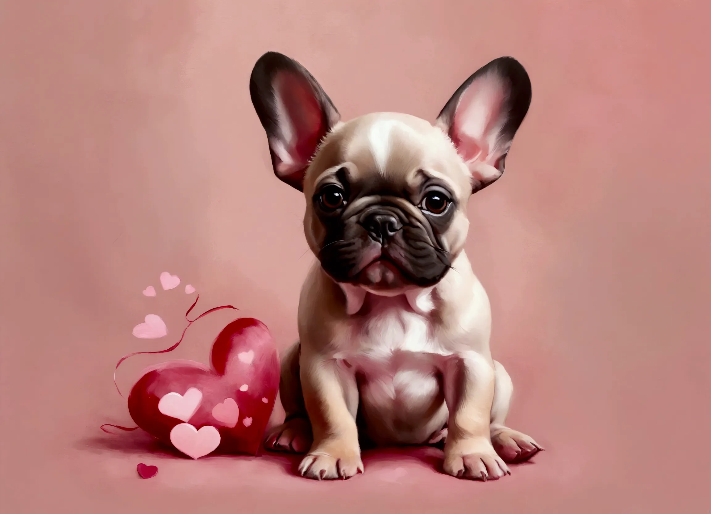 oil paint a cutie baby french bulldog with its bat-like ears and wrinkled snout. use soft, blended strokes to create a romantic,...