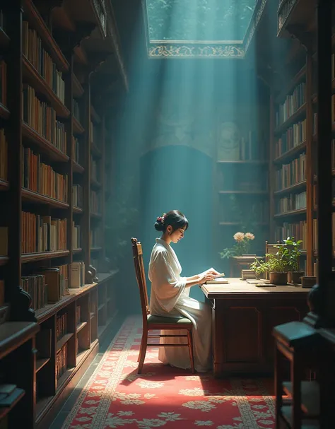 library, studying, a beautiful Japanese lady, sitting on the chair, chair and desk,  vivid detailed, detailed、Surreal、Light and shadow,Strong light,full body shot, long range shot,Light and shadow,Strong light,full body shot, long range shot,, ((front shot...