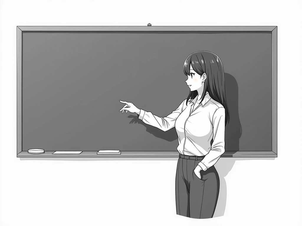 A female teacher is standing in front of the blackboard and talking . Standing on the right outside of the blackboard . , the teacher extends his right hand to show the blackboard.  is standing with her back to the blackboard, and , Her gaze is looking for...