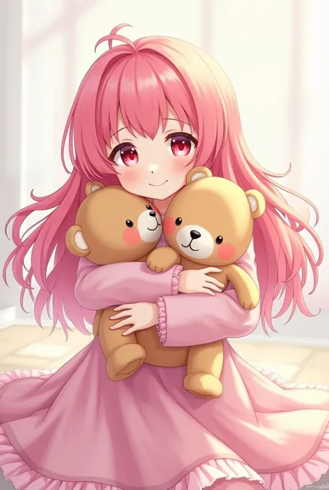 A girl with pink hair and pink eyes hugging a single doll, a cute style outfit, a pink dress and a pink skirt, a bright smile, hugging a light brown teddy bear, long hair