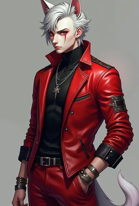 Create a male mink fox character with fur and short silver hair and red eyes,  with a relaxed posture and confident air .  He would have a scar on one of his eyebrows and red leather clothes ,  referring to the “bad boy” look and stripped .  Above average ...