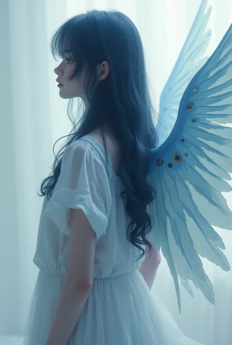 White with long wavy dark blue hair, dark blue eyes on her back, a pair of light blue wings interspersed with dark blue, her clothes in neutral tones, gentle appearance