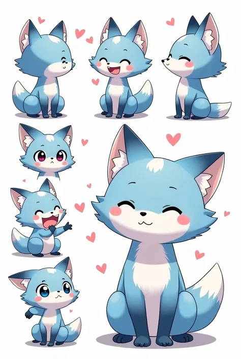   chibi-style illustration of a magic blue fox with detailed character sheet, several romantic poses ,  multiple angles , LINE stamps , 12 divisions ,