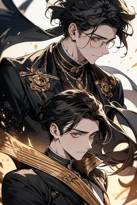 Caspian , 21 years old MEN, in a streat in victorian era, gray eyes with eyeglasses, dark vlack hair jet black and is usually combed to the side with a careless look, falling in soft waves around his face, Black Victorian fancy clothes with red and gold de...