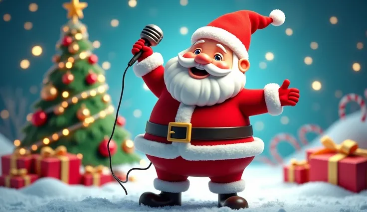 "Create a vibrant thumbnail for a s Christmas song video targeting the USA audience. The design should include a cheerful Santa Claus holding a microphone, a decorated Christmas tree with colorful ornaments, and wrapped gifts around. Use a snowy background...