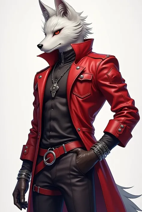 Create a male mink fox character with fur and short silver hair and red eyes,  with a relaxed posture and confident air .  He would have a scar on one of his eyebrows and red leather clothes ,  referring to the “bad boy” look and stripped .  Above average ...