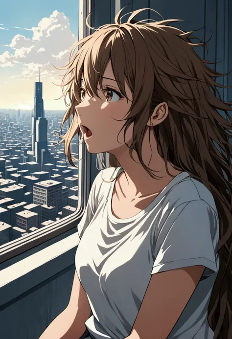 As she yawned, Kyogami gazed out the window, watching the futuristic city awaken. The faint sounds of high school students chatting and laughing carried on the breeze, a stark contrast to the eerie silence that often filled her thoughts. Messy hair, white ...