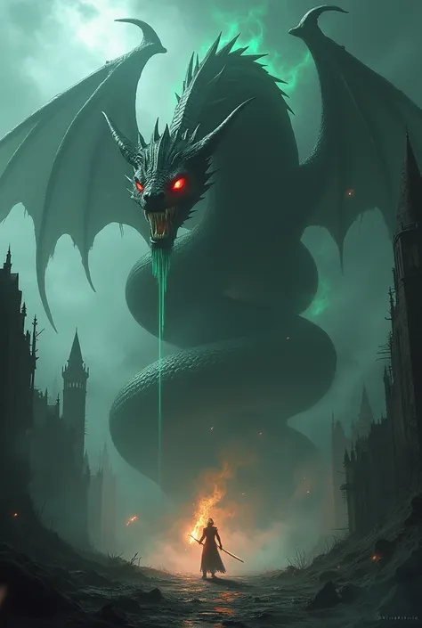 Here’s a dark-themed prompt for your AI hybrid creature:

"Shadow Serpent Reaper: A massive serpent coiled around a crumbling gothic tower, its scales shimmering with an oily black sheen. Its head is crowned with sharp bone horns, and its fangs drip a toxi...