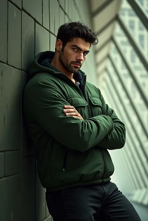 A tall man, sturdy, black-haired, green eyes leaning against a perspective wall with his back. 