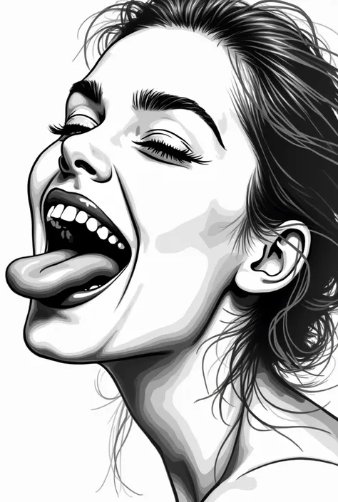 a woman with a tongue sticking out and a smile on her face, vector art by Whitney Sherman, shutterstock, pop art, screaming fashion model face, black and white vector art, happy fashion model face, beauty woman with detailed faces, she has a cute expressiv...