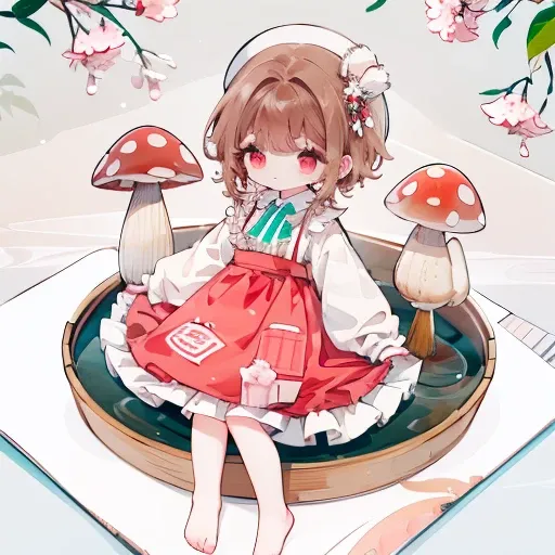 Transparent watercolor、  girl((1 person))、hair((brown、 into dumplings))、 dress((subdued color ))、apron((red tea))、Mushroom picking、cute、 looks delicious 、  fantasy、High image quality