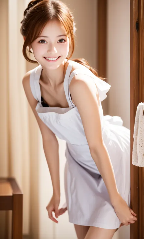 maid,cute pretty girl,masterpiece,high definition,4k,8k,16k,chignon hair,brown hair,skinny,thin body,smile