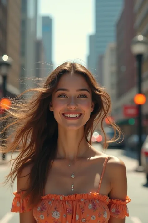 Her smile made the city even more beautiful.