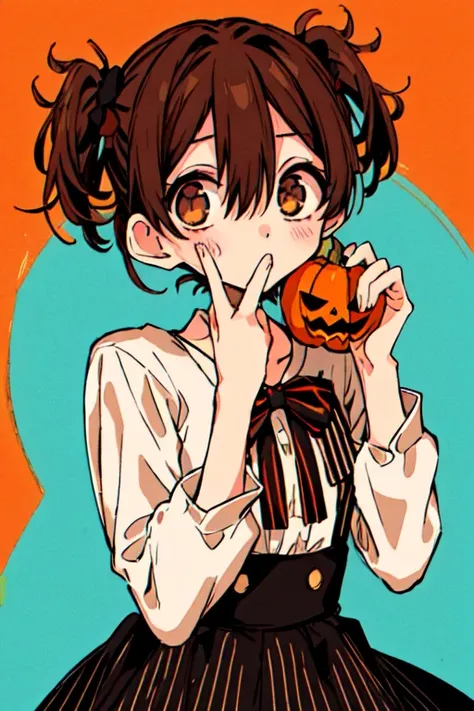 1 girl, Jack-o-lantern,  alone , Double Bread, Comb your hair, shirtผ้าลายทาง, shirt,  Hair Accessories , pumpkin,  Halloween , striped shirt,  looking at the audience , Brown eyes, Long sleeves,  brown hair , Holds , black skirt, skirt, :), collarbone,  s...