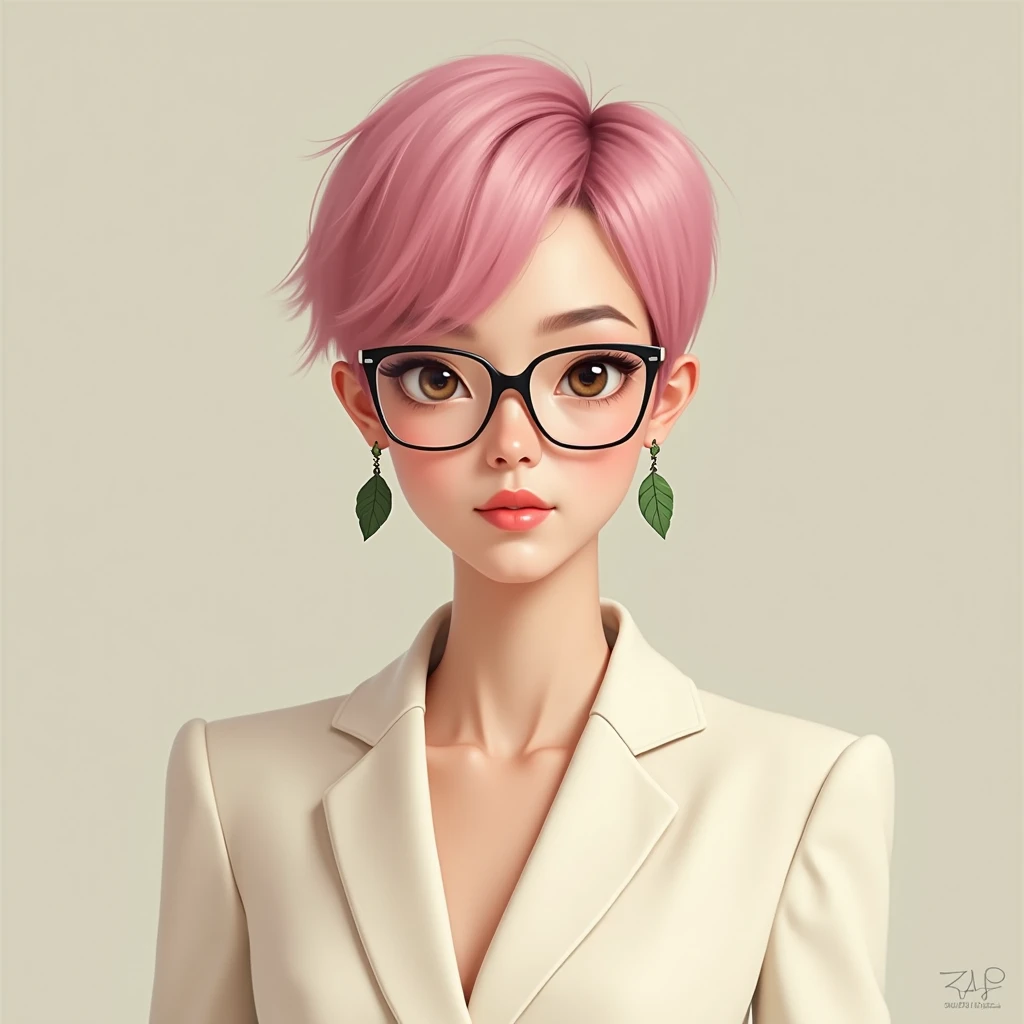 Simple two dimentional image of a woman with a pink pixie cut in a cream dress and glasses with green leaf earrings buisness portrait