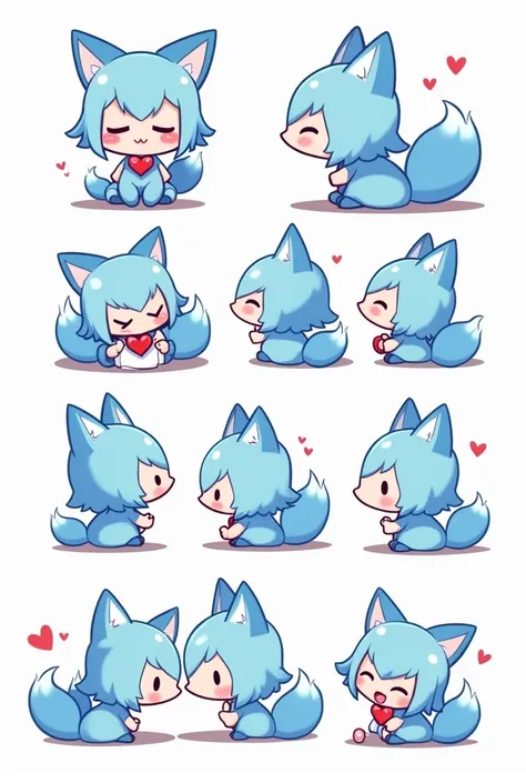   chibi-style illustration of a magic blue fox with detailed character sheet, Several romantic poses ,  multiple angles , LINE stamps , 12 divisions ,