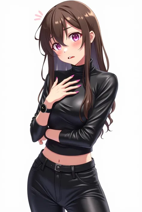 Anime girl wearing leather t-shirt and leather pants worried and with a white background and full body and with pink nails and a black watch with her fist on her chest with an emotion of nervousness and with an expression of concern 