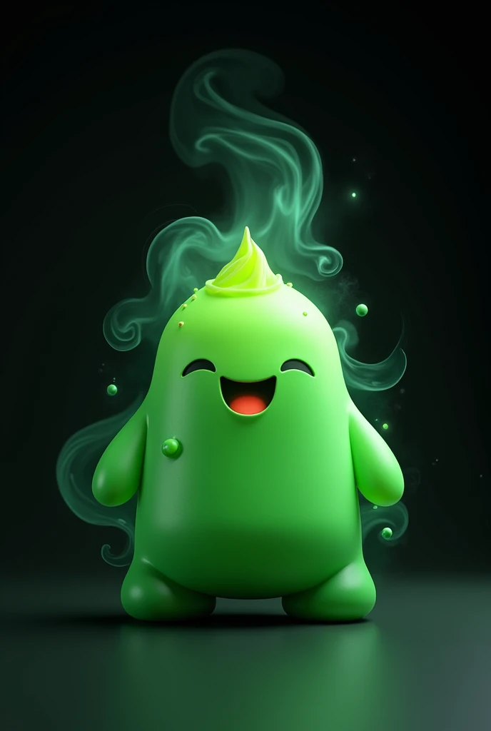 An image of a modern green vape who is smiling with his eyes red and closed, taking out smoke and a black background 