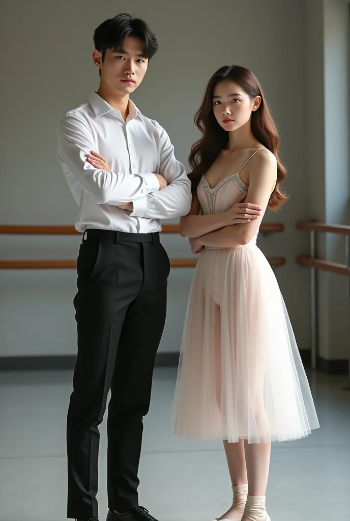  The best quality:1.3,  High resolution, realism,  masterpiece ,  Ultra high definition , 8K,  PALE WHITE PORCELAIN SKIN , korean man, 28 years old, high, good bearing,  arms crossed at chest height, hombros anchos, white dress shirt,  black dress pants,  ...