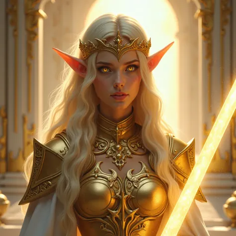 High God , beautiful elf,  of long blond hair ,  of irises and completely yellow eyes shining divine light,  wearing an ornate divine and golden armor ,  holding a long sword of light ,  in a white and gold temple ,  realistic close up photo 