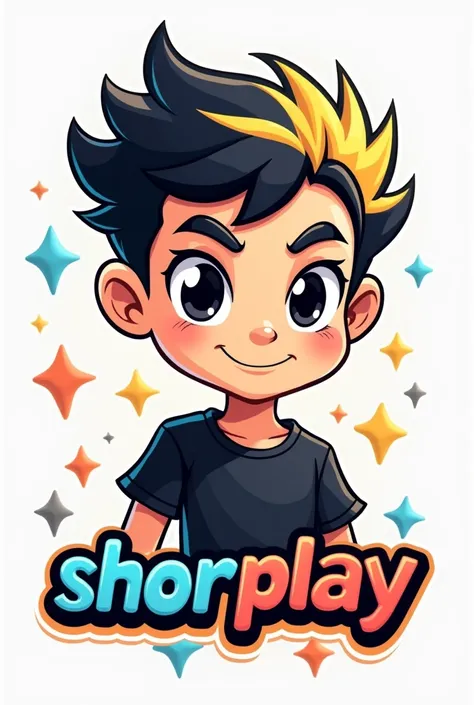 Create me a mascot logo a gamer boy in a black shirt with black blonde hair animated black eyes and below the letters that say ShorPlay