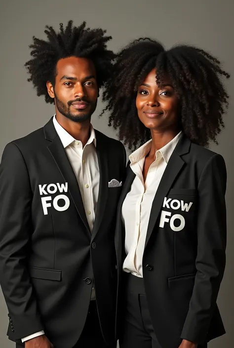 Un couple de instituteurs antillais dont la femme a ses cheveux creous ayant sur leurs costumes marqué " KOW FO " en lettres majuscules