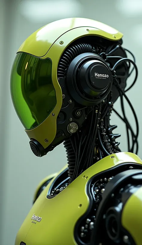 The image is a close-up shot of a highly detailed, anthropomorphic robots head and upper torso.  The robot is predominantly olive green with black wiring and various mechanical components visible.  The head features a transparent, clear, transparent-green ...