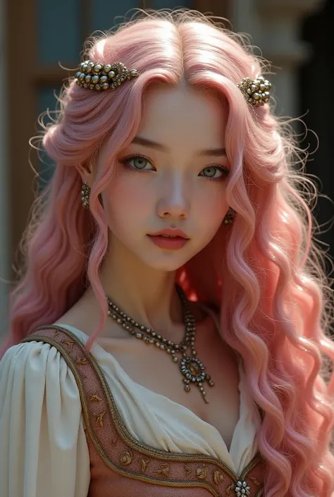 A tall Asian woman with white skin, light eyes, long curly pink hair. Of course, she wears medieval clothes, as if she were royal, with royal luxuries, Gentle appearance by her side, she has a man slightly taller than her, Asian white, blue eyes, of course...