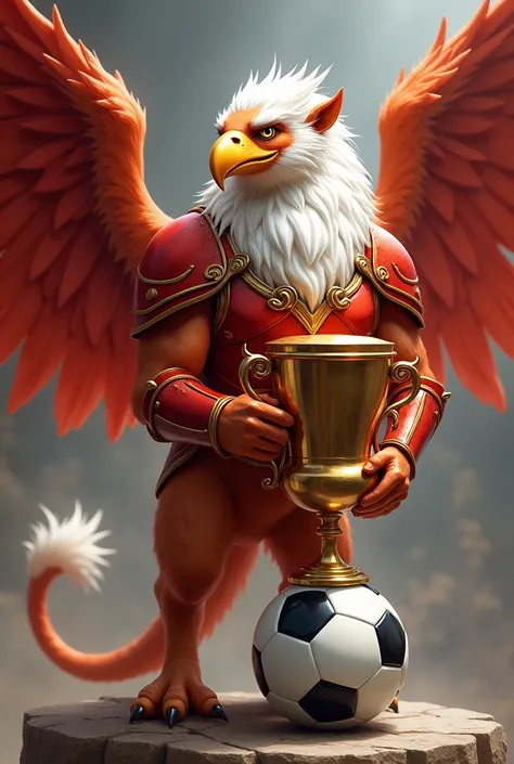 a griffin with a white head, red wings and an orange body, wearing red armor, holding a trophy and stepping on a black and white ball