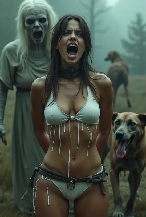 Lara croft, white thong, dog collar, hands behind back your, topless, open mouth milk, with a old scary womans and scary dogs, wasteland, horror 