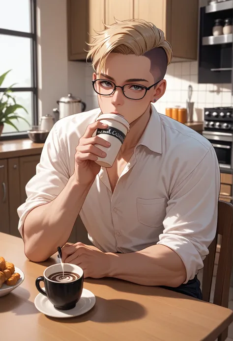 30 year old blond man, cabelo undercut, with a slim body wearing glasses sitting at the table drinking coffee in her kitchen 