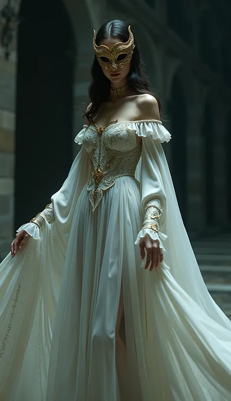 Fantasy, medieval, dark theme, female, white gothic dress, A gold mask hides the face