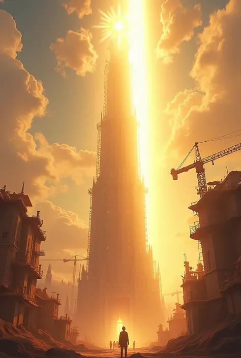 God,  represented as a soft, golden light in the sky, Observing the tower under construction . clothing times Disney Pixar 3D  