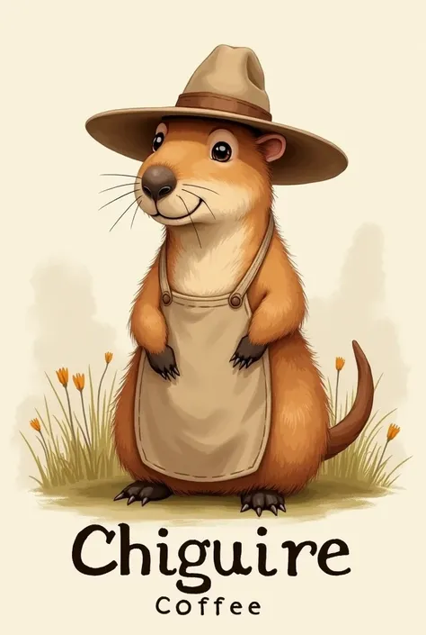 He makes an animal from the plain called capybara, his nose is long with a larger plain hat, drinking coffee ,  with an apron on for an elegant and tender coffee shop logo and below the drawing with a logo that says Chiguire coffe 