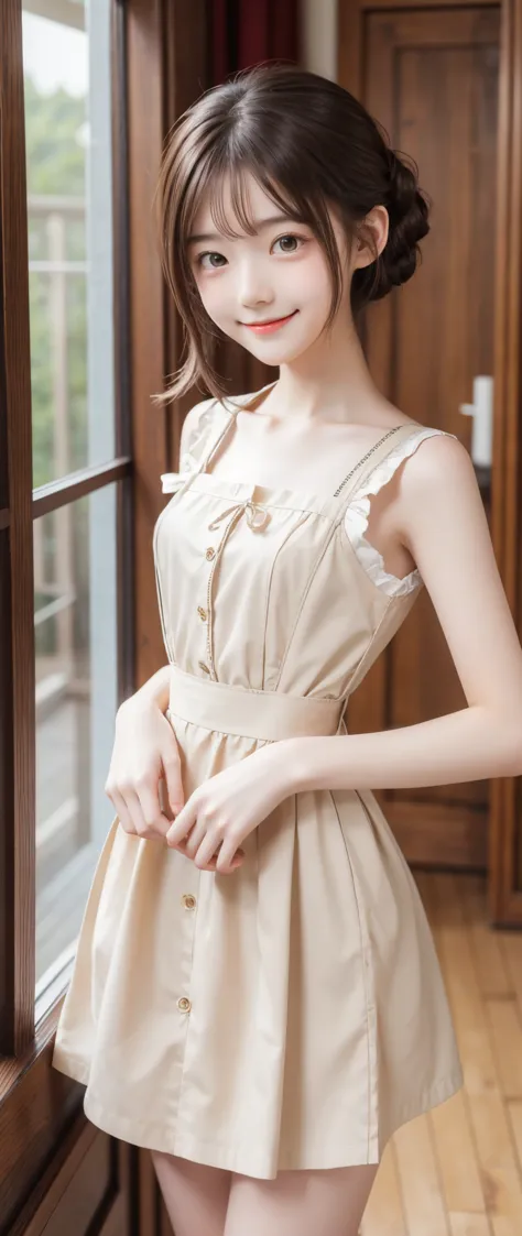 maid,cute pretty girl,masterpiece,high definition,4k,8k,16k,chignon hair,brown hair,skinny,thin body,smile