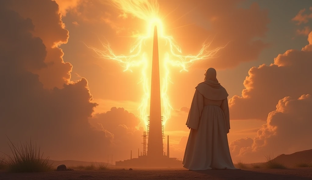 God, represented by a human silhouette ,  as a soft, golden light in the sky, Observing the tower under construction . clothing times Disney Pixar 3D  