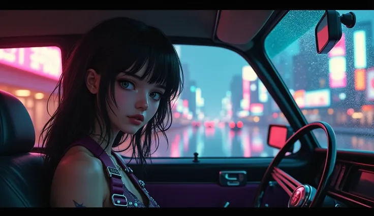 A melancholic scene of a young woman sitting inside a sleek, retro-futuristic car, gazing out at a neon-lit city street during dusk. The atmosphere blends loneliness with the soft glow of holographic advertisements reflecting off the rain-speckled car wind...