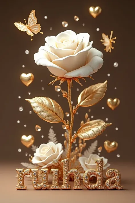 A 3D render of an opulent logo with a white rose adorned with diamonds and gemstones. The rose stands upright and is placed on a bed of golden 3D letters that spell out "RUKHSHINDA". Tiny golden and crystal hearts soar around the rose. Above the rose, ther...