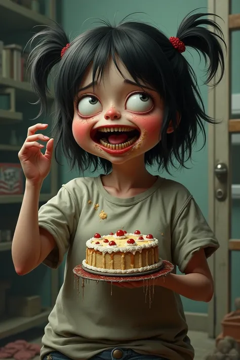 Avery vugly and messy datk circle eyed fatty nose messy teeth dirty dressed 
 girl who has just woken up and has very messy hair and a cake in her hand