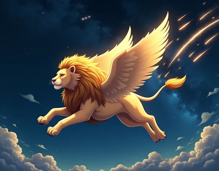 Masterpiece,anime style, A starry night, a meteor shower, a winged lion, a shining body, a golden mane, flying through the night sky, accompanied by many meteors.