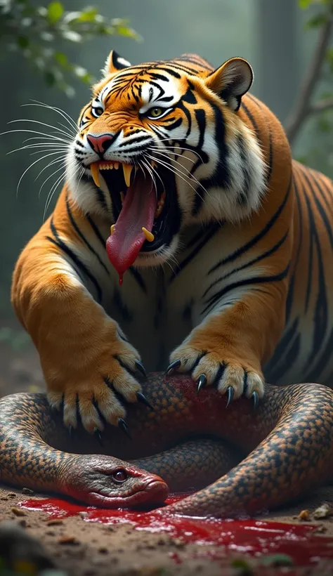 A fat tiger of terrible size. He is biting and tearing apart a huge monstrous snake. Blood stains on their bodies. They are laughing very angrily.