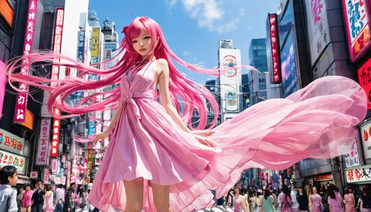 Tokyo, Kabukicho,  Long hair flutters in the wind ,  Pink Hair,  high definition,  dress