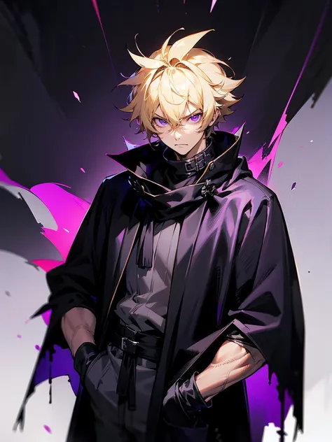 1male, blonde hair, spiky hair, messy hair, medium length hair, oversized black poncho with collar, black sweater, black scarf, purple eyes, serious, adult, muscular build, black gloves, hands in pocket, cave