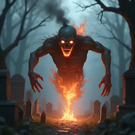  make a zombie on fire, flying, Only half of the body is visible, cemetery,  in anime style